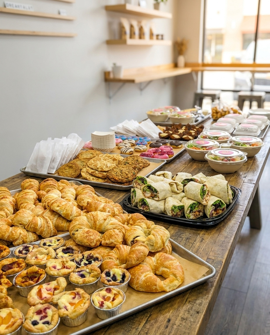 RISE catering spread of fresh-made breakfast and lunch items